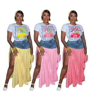 Stylish women two-piece set short sleeve t-shirt denim split midi skirt casual outfit.
