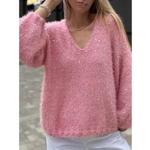 Mujer jersey esponjoso rosa cuello V manga larga lentejuelas tejido punto tops