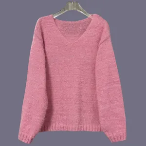 Suéter de punto rosa con cuello en V manga larga casual holgado brillante para mujer