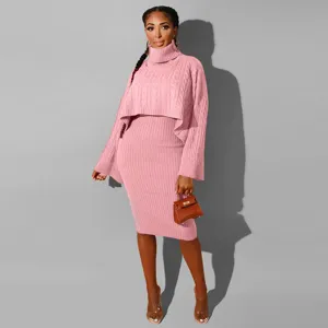 Women Fashion Turtleneck Sweater And Knitted Skirt Top And Bottom Long Sleeve Pullover Bodycon Midi Dress Elegant Casual Outfit