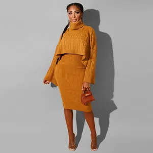 Detailed view of the mustard yellow knit turtleneck sweater and midi skirt two-piece set.