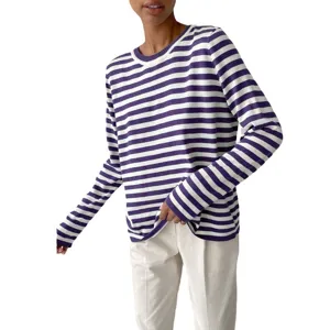 Detail view of womens autumn winter crewneck knit striped long sleeve top casual style.
