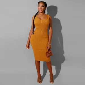 Women ribbed knit midi tank dress solid color sleeveless casual slim fit elegant summer dress