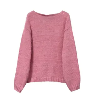 Mujer Cuello V Brillante Manga Larga Suéter Rosa Suelto Casual Prendas Tejidas Top