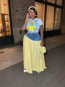 Women 2-piece outfit short sleeve t-shirt denim spliced pleated yellow maxi skirt set