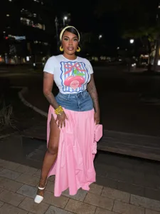 Women's short sleeve t-shirt denim spliced high slit pink maxi skirt two piece set