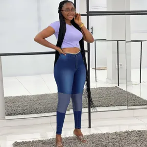 Fashion colorblock stretch skinny denim pants for women, stylish casual jeans apparel.