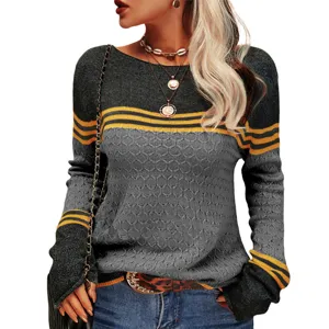 Detailed view of women's color-blocked striped knitted sweater, slim long sleeve top.