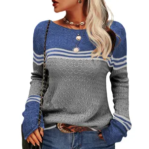 Detailed view of the blue and grey striped hollow-out knit sweater with long sleeves and crew neck.