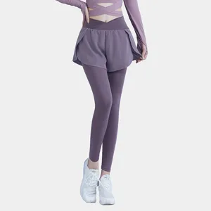 High waist fake two-piece yoga pants with crossover design for women active fitness running.