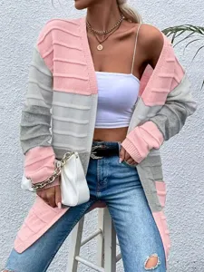 Detail view of women color block knitted cardigan, cozy long sleeve open front outerwear.