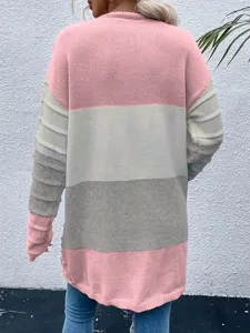 Women's long striped color-block knit cardigan, stylish autumn winter oversized coat.