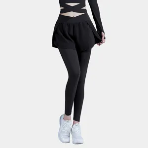 High waist fake two piece yoga pants for women running fitness gym training sportswear tight trousers.