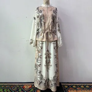 Women Vintage Floral Print Two Piece Set Zip Up Bomber Jacket Drawstring Long Pants