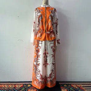 Women fashion two piece set printed zip jacket and drawstring long pants casual outfit