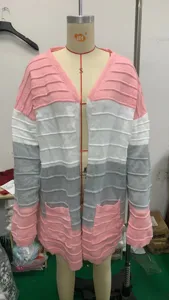 Women long colorblock striped knitted cardigan sweater with pockets casual outerwear