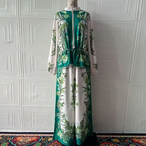 Green floral printed two-piece outfit featuring a zip-up top and matching pants.