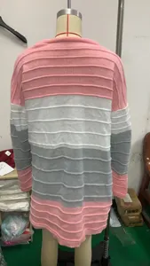 Long color-blocked striped cardigan knitwear detail showing comfortable texture and design.