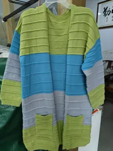 Long colorblock knit cardigan for women, stylish striped open front sweater with pockets.