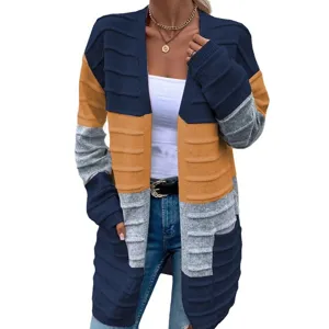 Women's Colorblock Long Cardigan Open Front Knitwear Casual Fall Sweater with Pockets