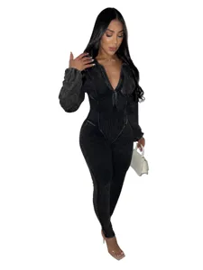 Women washed distressed deep V long sleeve slim jumpsuit, sexy vintage one-piece bodysuit outfit.