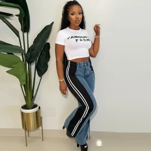 Stylish women's colorblock patchwork wide leg denim pants with short sleeve crop top.