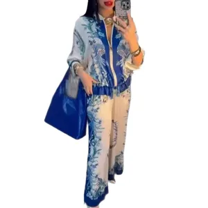 Women fashion blue white printed two piece set long sleeve bomber jacket and pants