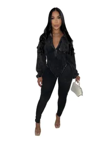 Women vintage washed black long sleeve deep v neck ribbed bodycon jumpsuit streetwear