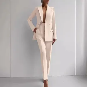 Elegant women's beige pantsuit set featuring a double-breasted blazer and matching trousers.