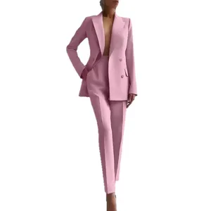 Pink women suit set professional double breasted blazer and slim trousers for office wear