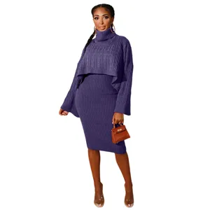 Women's Purple Turtleneck Cropped Sweater and Ribbed Knit Dress Two-Piece Set Detail