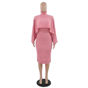 Pink turtleneck crop sweater with ribbed knit midi dress detail view, soft cozy fabric texture