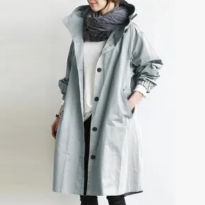 Women's casual loose hooded mid-length trench coat long sleeve outerwear fashion jacket