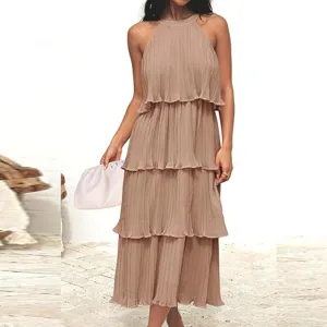 Vestido midi plisado liso sin mangas con cuello halter, elegante vestido de playa para mujer