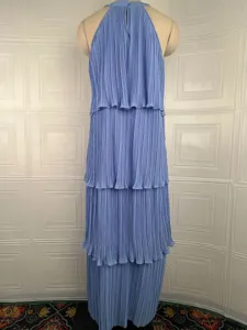 Vestido midi sin mangas plisado con volantes azul elegante vestido liso de verano.