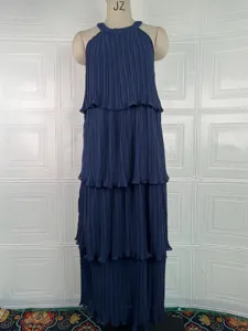 Vestido largo sin mangas azul marino plisado con volantes mujer verano playa elegante.