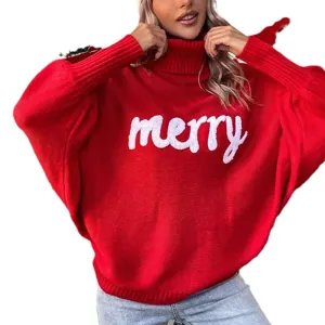 Pull ample col roulé rouge à manches chauve-souris avec motif lettre merry blanc pour femmes.