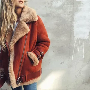 Elegante Damen Wildleder Shearling Bikerjacke mit grossem Revers warmer Wintermantel