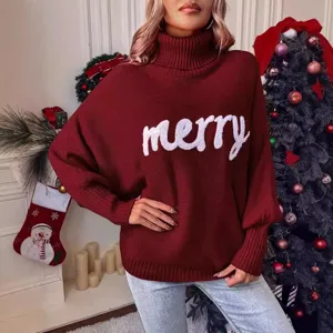 Femme Noël Col Roulé Manches Chauve-Souris Pull Tricoté Bordeaux Hiver Chaud Top