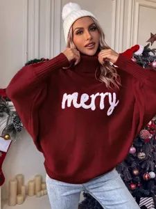 Pull-over en tricot à lettres pour femme automne hiver, col haut et manches chauve-souris.