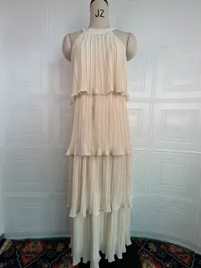 Vestido largo plisado elegante de color liso sin mangas halter para mujeres playa