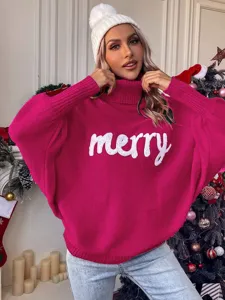 Pull-over en tricot ample col haut manches chauve-souris automne hiver femme avec lettre merry.