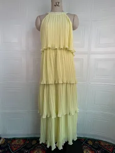 Mujer sin mangas halter con capas plisado vestido largo elegante liso maxi verano