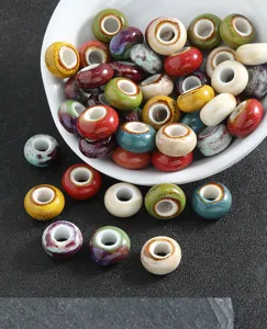 Retro large hole ceramic beads flower glazed flat spacer beads for handmade DIY jewelry making.