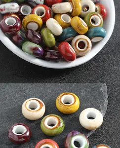 Detail view of colorful glazed ceramic loose beads for DIY jewelry making, handmade crafts.