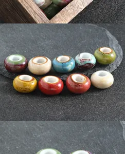Vintage large hole ceramic beads glazed flat spacer beads for DIY handmade jewelry crafts.