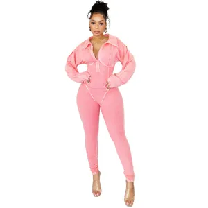 Women pink washed ribbed long sleeve deep v neck jumpsuit sexy casual slim fit romper apparel