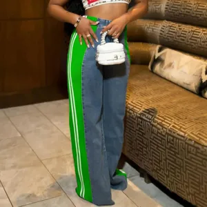 High waist color block wide leg denim pants with side stripes for women fashion casual