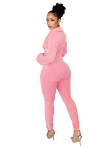 Women vintage washed pink long sleeve fitted jumpsuit sexy lapel romper streetwear.