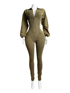 Washed distressed olive green sexy deep V-neck long sleeve tight jumpsuit for women detail view.